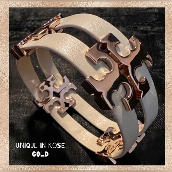 Tory Burch Authentic Serif T Stacked Leather Sand Rose Gold Wrap Bracelet - Picture 1 of 9